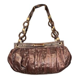R&Y Augousti Leather and Snakeskin handbag w/wood & brass accents. B 24